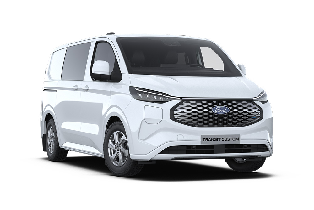 Fourgon électrique Ford E-Transit Custom double cabine blanc en vue avant inclinée.