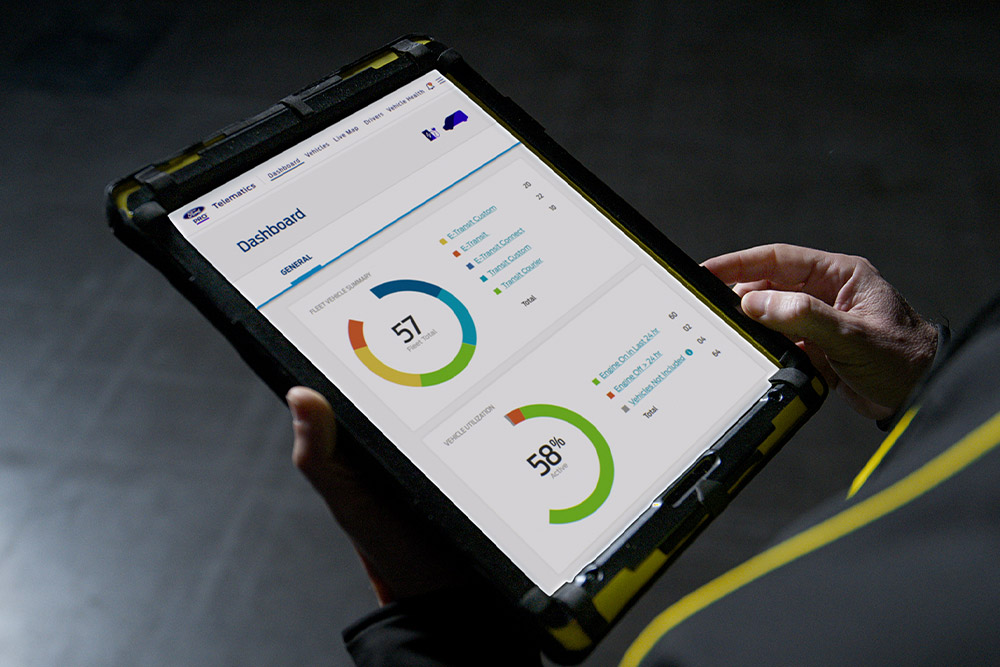 Gros plan d’une tablette affichant un tableau de bord Ford Telematics, montrant les données du véhicule.