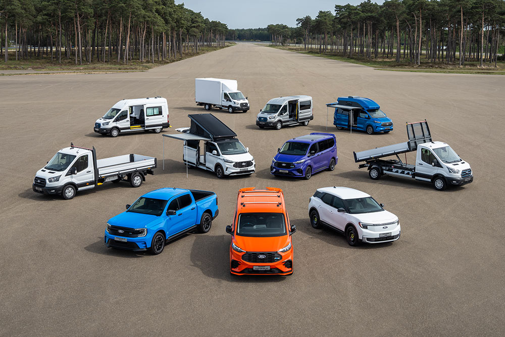 Collection de fourgons et de camionnettes Ford garés, illustrant la diversité des modèles disponibles.