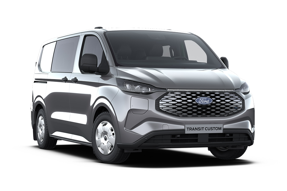 Fourgon Ford E-Transit Custom Trend double cabine gris anthracite vu de face.