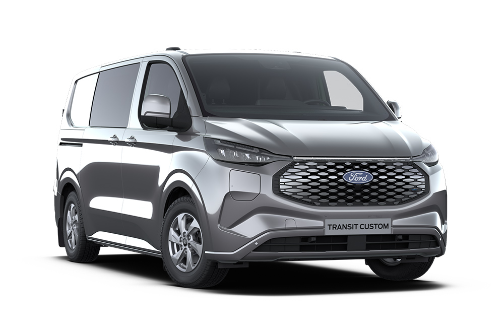 Ford Transit Custom Limited multi-cab gris anthracite vu de face.