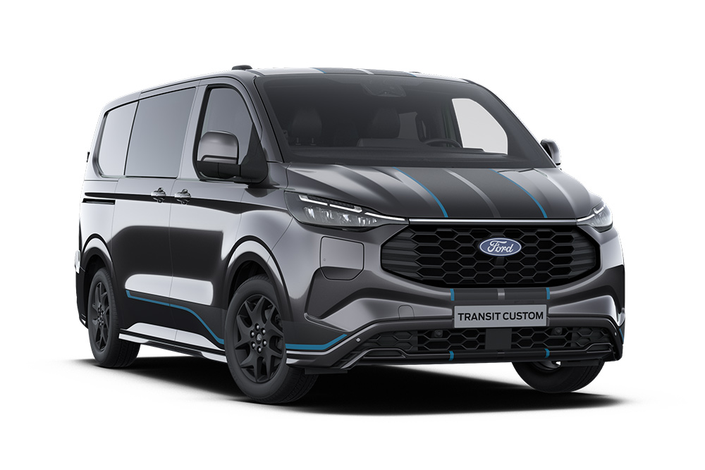 Fourgon Sport Ford Transit Custom double cabine gris anthracite avec des touches de bleu.