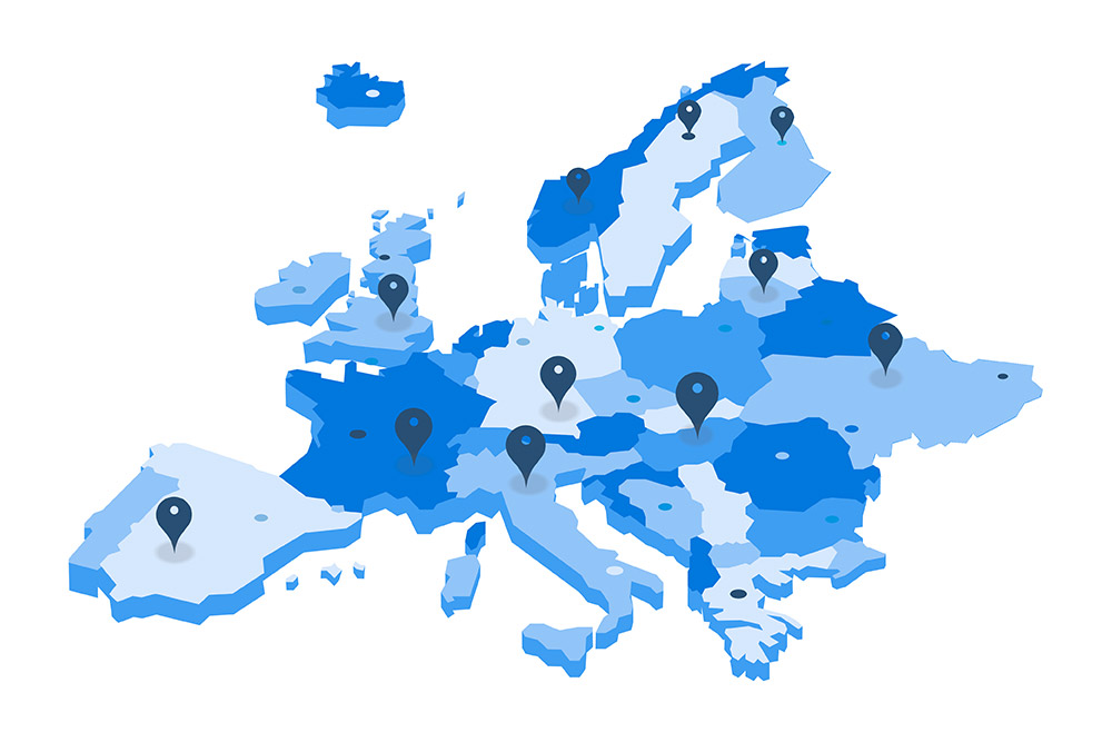Une carte bleue de l'Europe avec plusieurs épingles marquant les nombreux emplacements des convertisseurs de véhicules Ford Pro agréés.